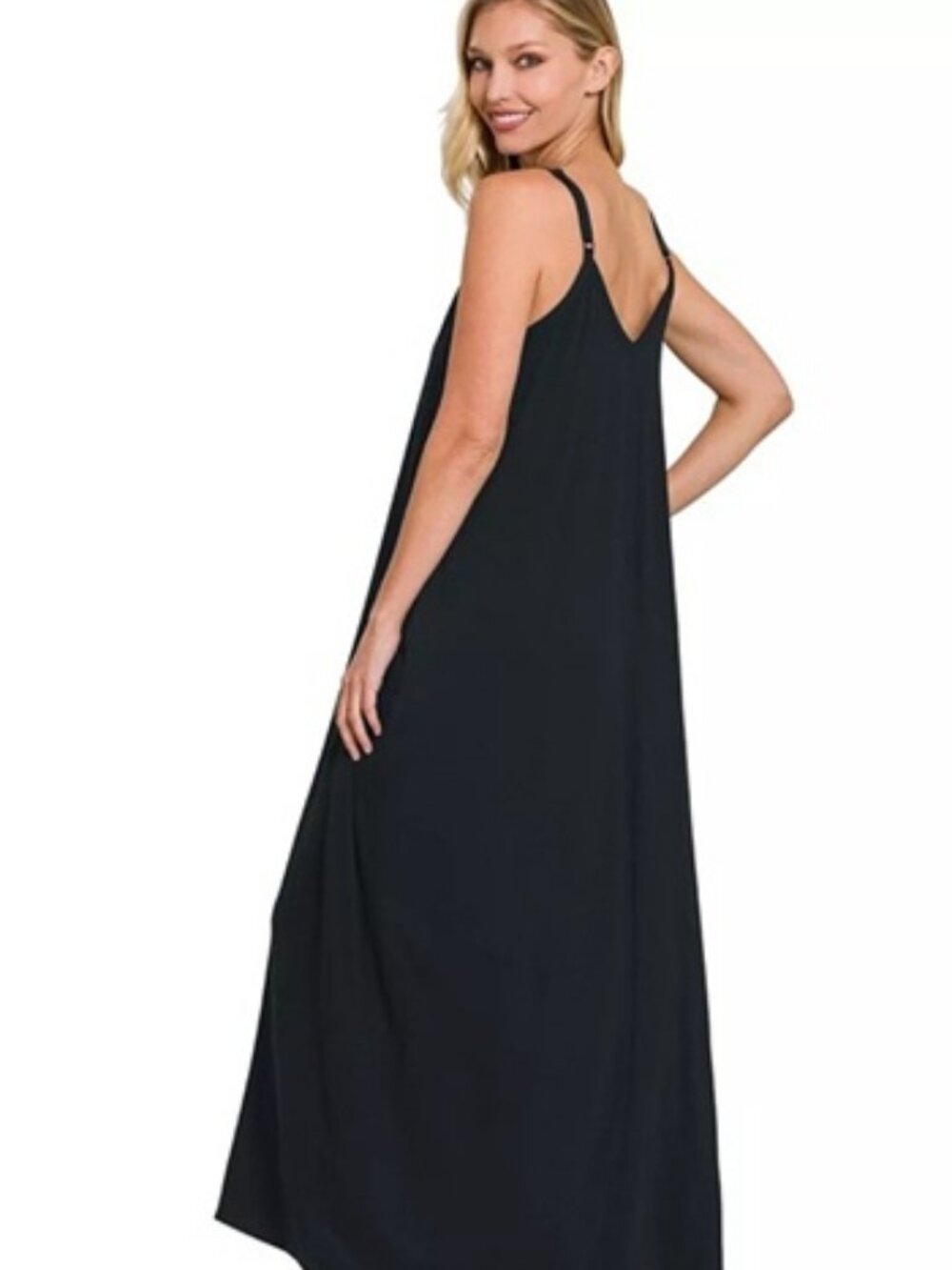 Women’s V-Neck Cami Maxi Dress with Side Pockets Casual Summer - Picture 2 of 3